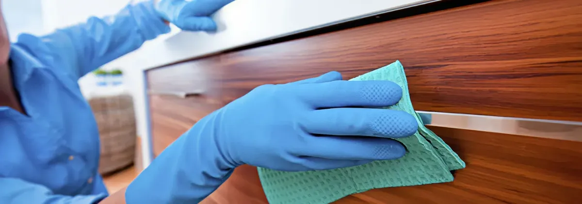 Cleaner wearing blue gloves wiping a wooden cabinet drawer with a microfiber cloth for dust and grime removal, Hialeah, FL.